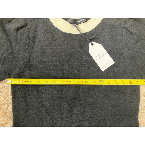 English Factory Black Knit Puff Sleeve Dress Cream Trim Pockets Size M - Picture 10 of 12